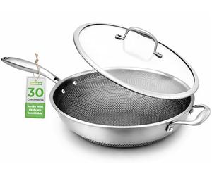 NutriChef wok 12” acero inoxidable, Sarten, Induccion, Revestimiento antiadherente, Tapa, Manga lateral, Resistente