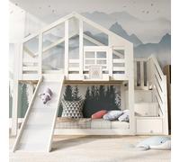 NuvlaGu Sin colchón - Cama alta para niños, 90 x 200 cm, con tobogán y escaleras de almacenamiento, litera en cama de casa, diseño con ventana, protección anticaída y 2 somieres, color blanco
