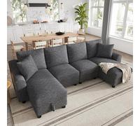NuvlaGu Sofá de chenilla en forma de U, 280 cm, 4 plazas, con 2 chaise longues y espacio de almacenamiento, sofá esquinero modular con cojines, moderno sofá de salón gris