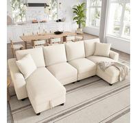 NuvlaGu Sofá de Chenilla en Forma de U de 280 cm, sofá seccional de 4 plazas con 2 chaise longues y almacenamiento, sofá modular de esquina con cojines, sofá de sala de estar moderno color beige
