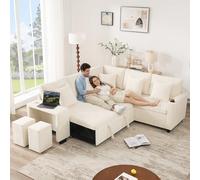 NuvlaGu Sofá de esquina en forma de L con función de cama, sofá cama desplegable con almacenamiento, USB y USB-C, portavasos, chaiselongue reversible, chenilla, 5 plazas para salón y cine en casa