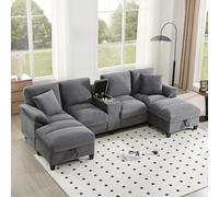 NuvlaGu Sofá grande en forma de U con almacenamiento, sofá seccional de 4 plazas de pana con puertos USB y portavasos de acero inoxidable, sofá modular con cojines para salón y apartamento, gris