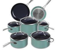 Nuwave Healthy Duralon - Juego de utensilios de cocina antiadherentes de cerámica azul, resistentes a los arañazos, sin PTFE y PFOA, aptos para horno, listos para inducción y calentamiento uniforme,