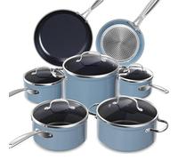 Nuwave Ollas 12 Piezas G10 Cerámica de Duralon Blue en Azul Acogedor, Compatible con Inducción, Batería de Cocina con Tapas, Juego de Ollas y Sartenes, Seguro y libre de PFAS