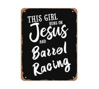 NWPNLXEA Faith and Barrel Racing Metal Sign This Girl Runs on Jesus Vintage Tin Art for Equestrian Gift Home Decor 8 X 12 in