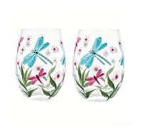 NymphFable 2 Copas de Vino sin Pie Pintadas a Mano 18oz Libélulas | Cristal soplado a boca; pintado a mano único, detalles de estrás; pigmentos fijados a alta temperatura