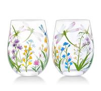 NymphFable Vaso de Vino sin Tallo Pintado a Mano 18oz Juego de 2 Vasos de Vino con Flores de Libélula Regalos de Cumpleaños Personalizados para Ella
