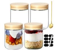 NZZVNZ 4 Tarros de Cristal con Tapa, 480ml Botes con Tapa de Bambú, Tarros de Vidrio con Cuchara, Botes de Cristal para Hierba Cereales Yogur