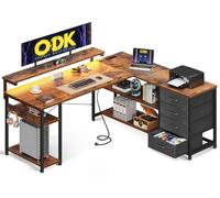 ODK Escritorio Esquinero Gaming con LED y 4 Cajones, 135x110cm, Marrón | Mesa Gaming en L Reversible con Estanteria, 2 USB y 2 Enchufes, Soporte para Monitor, Gancho para Oficina en Casa, Jugadores