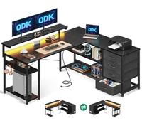ODK Escritorio Esquinero Gaming con LED y 4 Cajones, 135x110cm, Negro | Mesa Gaming en L Reversible con Estanteria, 2 USB y 2 Enchufes, Soporte para Monitor, Gancho para Oficina en Casa, Jugadores