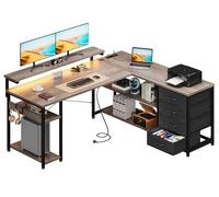 ODK Escritorio Esquinero Gaming con LED y 4 Cajones, 135x110cm, Roble Gris | Mesa Gaming en L Reversible con Estanteria, 2 USB y 2 Enchufes, Soporte para Monitor, Gancho para Oficina en Casa, Jugadores
