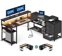 ODK Escritorio Esquinero Gaming con LED y 4 Cajones, 155x110cm, Negro | Mesa Gaming en L Reversible con Estanteria, 2 USB y 2 Enchufes, Soporte para Monitor, Gancho para Oficina en Casa, Jugadores