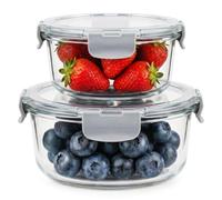 OFFASST Fiambreras de Cristal Redondas Herméticas con Tapa, Set 2 Piezas (400ml & 970ml) - Tuppers de Vidrio para Comida, Meal Prep, Microondas, Congelador y Lavavajillas - Borosilicato Sin BPA