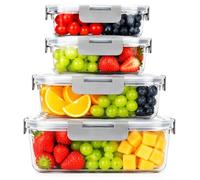OFFASST Lote de 4 Tapers de Cristal Herméticos - Tupper de Vidrio para Comida, Fiambreras con Tapa, Apto Microondas y Lavavajillas, Sin BPA | Recipientes para Conservar Alimentos