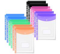OFFCUP Carteras de plástico A4 con bolsillos perforados, paquete de 12 carpetas de plástico expandibles, 11 agujeros, carpeta de bolsillo A4, carpetas de sobres con botón de bolsillo para etiquetas