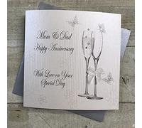 OfficeCentre White Cotton Cards Handmade Happy Anniversary Card with Love On Your Special Day for Mum and Dad with Champagne Glasses