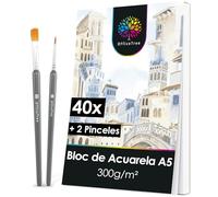 OfficeTree 40 x papel de acuarela A5 300 g - Bloc de papel de acuarela incluye 2 pinceles - Bloc de acuarela A5 - Bloc de dibujo de acuarela - Papel para acuarela - Papel acuarela