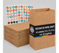 OfficeTree 40x Bolsas Papel Kraft 22x13x8 cm - Bolsa Kraft 80g/m² con Base y 60 Pegatinas - Bolsas de Papel Kraft para Cumpleaños, Calendario Adviento y Regalos - Bolsa Papel Kraft