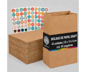 OfficeTree 40x Bolsas Papel Kraft 22x13x8 cm - Bolsa Kraft 80g/m² con Base y 60 Pegatinas - Bolsas de Papel Kraft para Cumpleaños, Calendario Adviento y Regalos - Bolsa Papel Kraft