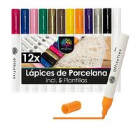 OfficeTree Juego de 12 lápices rotuladores para pintar porcelana y vidrio - 12 colores y 5 plantillas - juego de lápices rotuladores para pintar porcelana y decorar vidrio a base de agua