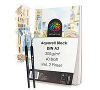 OfficeTree - Papel de acuarela A3-40 hojas con 2 pinceles, papel de acuarela 300 g, hoja A3, bloque de acuarela A3, papel de dibujo A3, hoja A3, color blanco