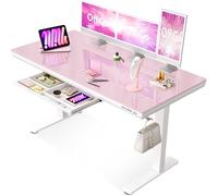 OffiGo Mesa Elevable Eléctrica, 140 x 60 cm, Tablero de Cristal de una Pieza, Escritorio de Vidrio con Cajón y Puertos USB y Type-C, Mesa de Pie/Sentado, para Hogar y Oficina, Rosa