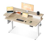 OffiGo Mesa Escritorio Elevable, 120x60 cm Escritorio Electrico con L Forma Soporte para Monitor, Standing Desk con Cajón, Ergonómica Mesa Regulable Altura con Puerto USB, Beige