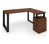 OFILIKE. Escritorio en L Derecha con Cajonera Montada y Pasacables, Mesa Esquinera para Oficina con Estructura Metálica Negra (180x80, Nogal)
