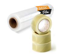 OFITURIA Cinta Adhesiva y Film Transparente para Embalaje de Cajas y Muebles, Kit de Embalaje Completo, Film Estirable hasta 200m, Protección ideal para Envíos y Mudanzas (Kit Escudo)