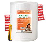 OFITURIA Papel Burbujas Embalaje 50cm x 40m - Kit Embalaje Completo con Cutter + 12 Etiquetas FRÁGIL - kit completo para mudanza, embalaje, plástico de burbujas