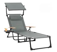 Ogimeka Tumbona plegable, 4 posiciones, plegable, resistente a la intemperie, con reposabrazos, playa, camping, jardín, playa, balcón, terraza y camping (gris con techo)