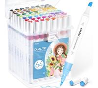 Ohuhu Marcadores de Agua, 64 Colores Rotuladores Doble Punta para Niños y Adultos, para Cómics, Manga,Dibujar, Coloración, con 1 Batidora Incolora y Maletín de Transporte, Inodoro & Lavable