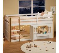 OKMYHOME Cama alta para niños, 90 x 200 cm, cama blanca con escalera, tobogán y espacio de almacenamiento debajo de la cama, sin colchón