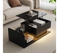 OKMYHOME - Mesa baja elevable LED con cristal templado, 100 × 50 cm | Altura ajustable 33-47,5 cm, media bandeja de cristal templado, almacenamiento oculto, bandeja elevable, MDF, negro