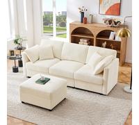 OKMYHOME Sofá otomano de 3 plazas con reposabrazos ajustables de chenilla y cojines beige 218 x 156,5 x 86 cm