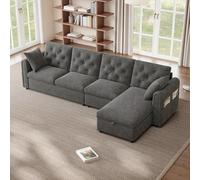 OKMYHOME - Sofás esquineros de 4 plazas con respaldo acolchado y almacenamiento lateral - Terciopelo - Gris, 281×86×71 cm