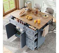 okwish: Armario de cocina que también sirve como carro de servicio, isla de cocina con ruedas y diseño vintage, mesa de comedor multifuncional con espacio de almacenamiento, color azul