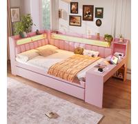 okwish: Cama abatible de 140x200, cama juvenil con cama extraíble de 90x190 y LED, cama matrimonio tipo daybed con USB y escritorio, color rosa (sin colchón)