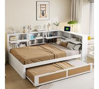 okwish, cama abatible de 140x200 cm, cama para el día, cama infantil, cama juvenil con cama extraíble, cama matrimonial multifuncional con múltiples espacios de almacenamiento y puerto de carga, inclu