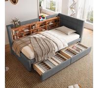 okwish, cama abatible de 90x200, cama diurna sin colchón, modelo Daybett con 2 cajones y somier, cama infantil con puertos USB y Tipo-C, con varios estantes, color gris