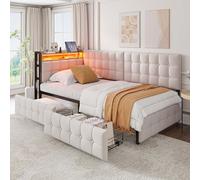 okwish: Cama abatible de 90x200. Sofá tapizado con función de cama, cama infantil con 2 cajones, lámpara de lectura LED, puertos USB y Type-C, color beige