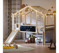 okwish, cama alta de 90x200, cama alta sin colchón, estructura de cama tipo casita con altillo y escalera de seguridad, cama de madera maciza con tobogán de seguridad y pizarra para dibujar, color mad