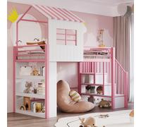 okwish, cama alta de 90x200 con diseño de casita, escaleras y espacio de almacenamiento; cama infantil con compartimentos abiertos y barandillas de seguridad; cama individual multifuncional con una pe