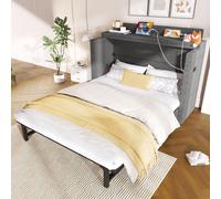 okwish, Cama con almacenamiento, 140x200 cm. Cama abatible sin colchón, tapizada en lino. Cama de matrimonio que ahorra espacio, con puertos USB y Tipo-C, y con espacio de almacenamiento. Color gris