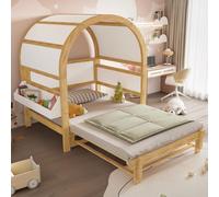 okwish Cama con forma de arco, 140x200. Cama infantil/juvenil con cama abatible y diseño de casita, estructura de cama con estante de almacenamiento y somier. Blanco + Natural (sin colchón)