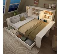 okwish, cama de madera para jóvenes, 140x200 cm, cama individual con puertos USB y Tipo-C, sofá cama diario con cama abatible, cama multifuncional, color blanco (sin colchón)