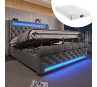 okwish Cama de matrimonio 140x200 con somier y colchón, cama doble con iluminación LED y cabecero con espacio de almacenamiento, cama con espacio de almacenamiento y puertos USB y Tipo-C, tapizada en 
