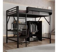 okwish, cama elevada de 140x200, estructura de cama metálica para jóvenes con armario integrado y escritorio, marco de cama individual con somier de láminas y escalera de cinco escalones, color (sin c