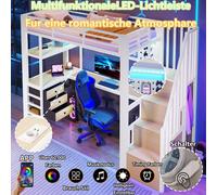 okwish, cama elevada de 90x200 con escritorio y cajón, cama juvenil con iluminación LED y cajón, cama individual con panel perforado, color blanco, sin colchón
