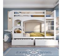 okwish, Cama individual de 90x200. Estructura de cama sin colchón. Cama de matrimonio con escritorio abatible y estantería. Cama infantil con escalera y 2 cajones. Color blanco